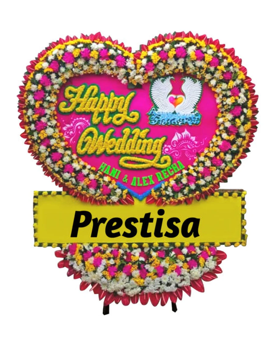 Papan bunga happy wedding bentuk hati